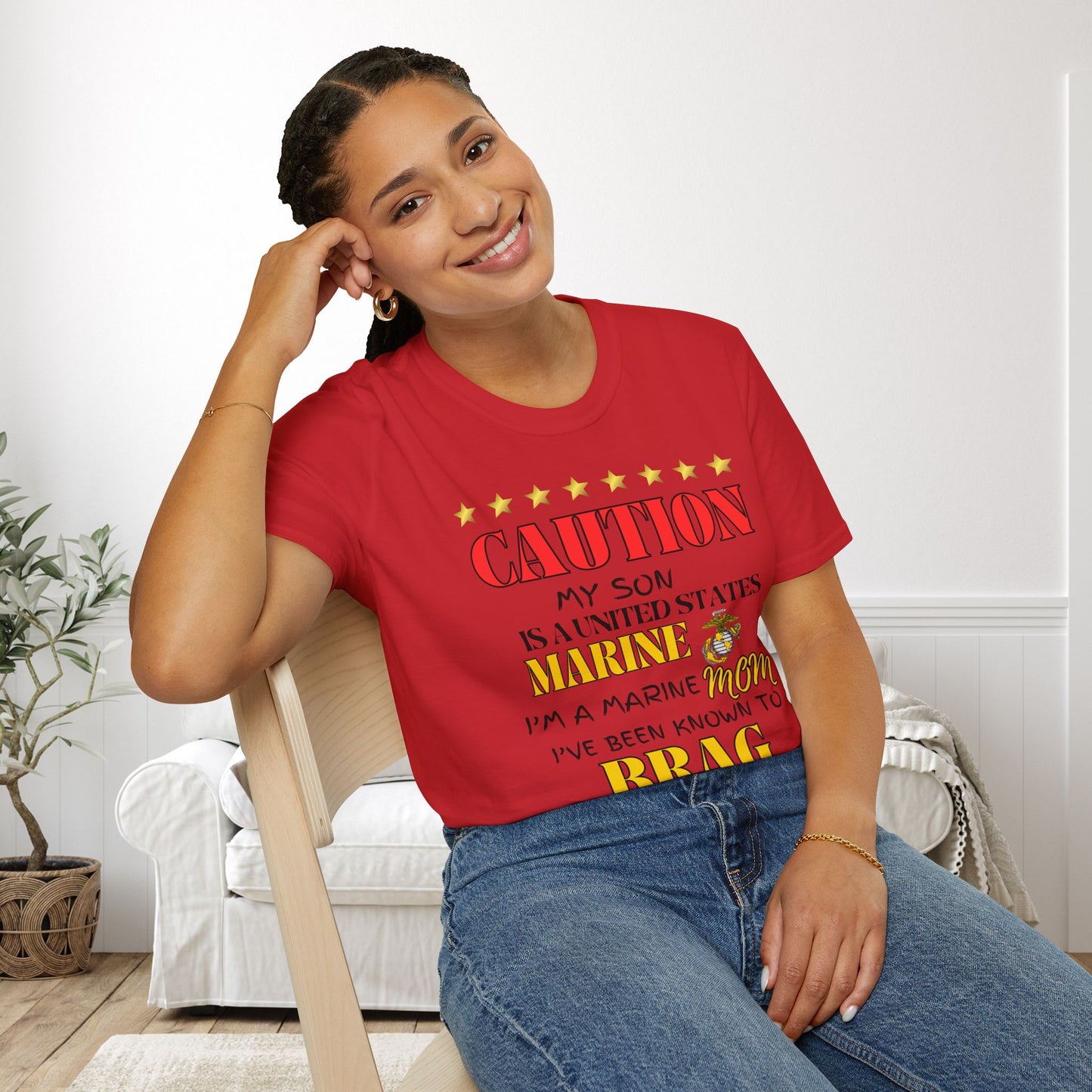 Caution My Son is a US Marine I've Been Known to Brag (Mom) Adult Softstyle T-Shirt