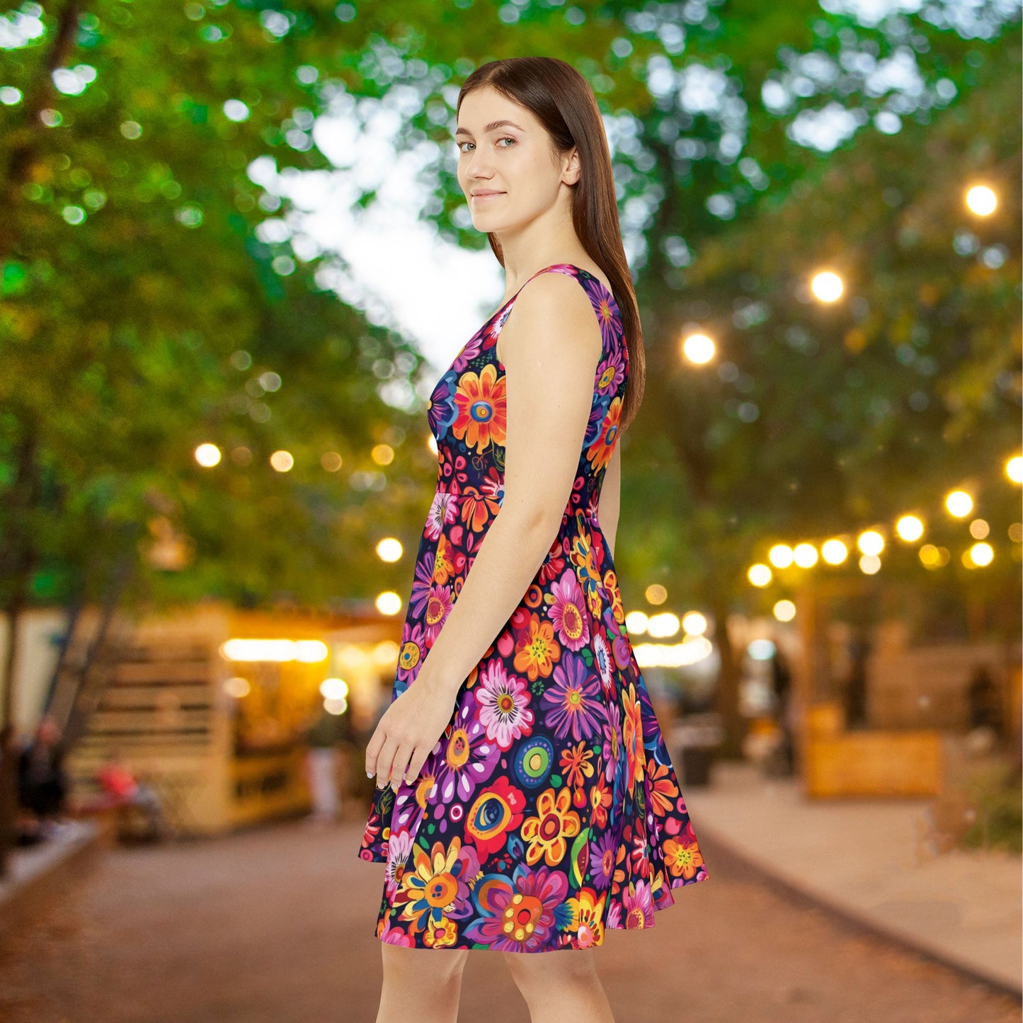 Vivid Floral on Black Women's Skater Dress - Fun Spring Floral Dress for Every Occasion