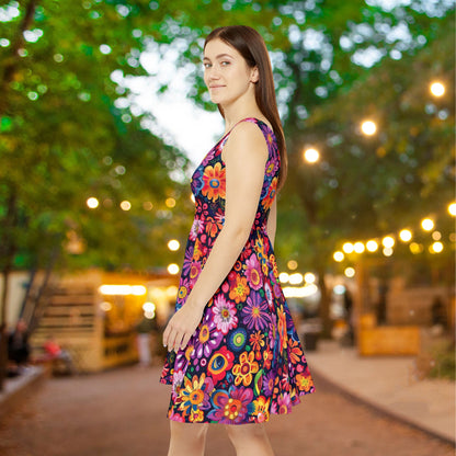 Vivid Floral on Black Women's Skater Dress - Fun Spring Floral Dress for Every Occasion