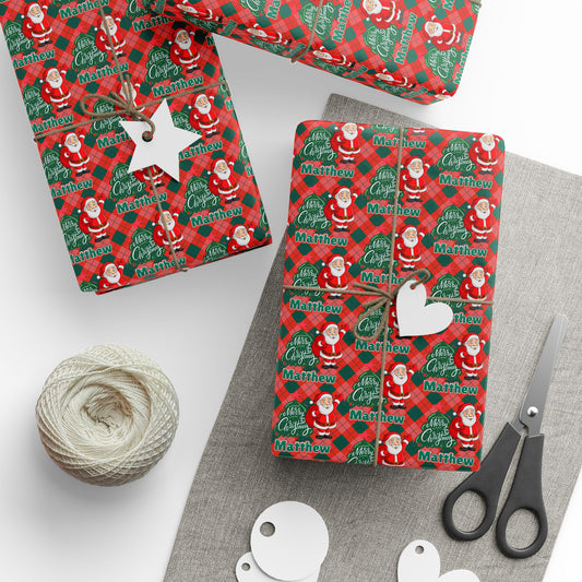 Red/Green Plaid Santa & Tree Custom Name Wrapping Paper (Matthew)