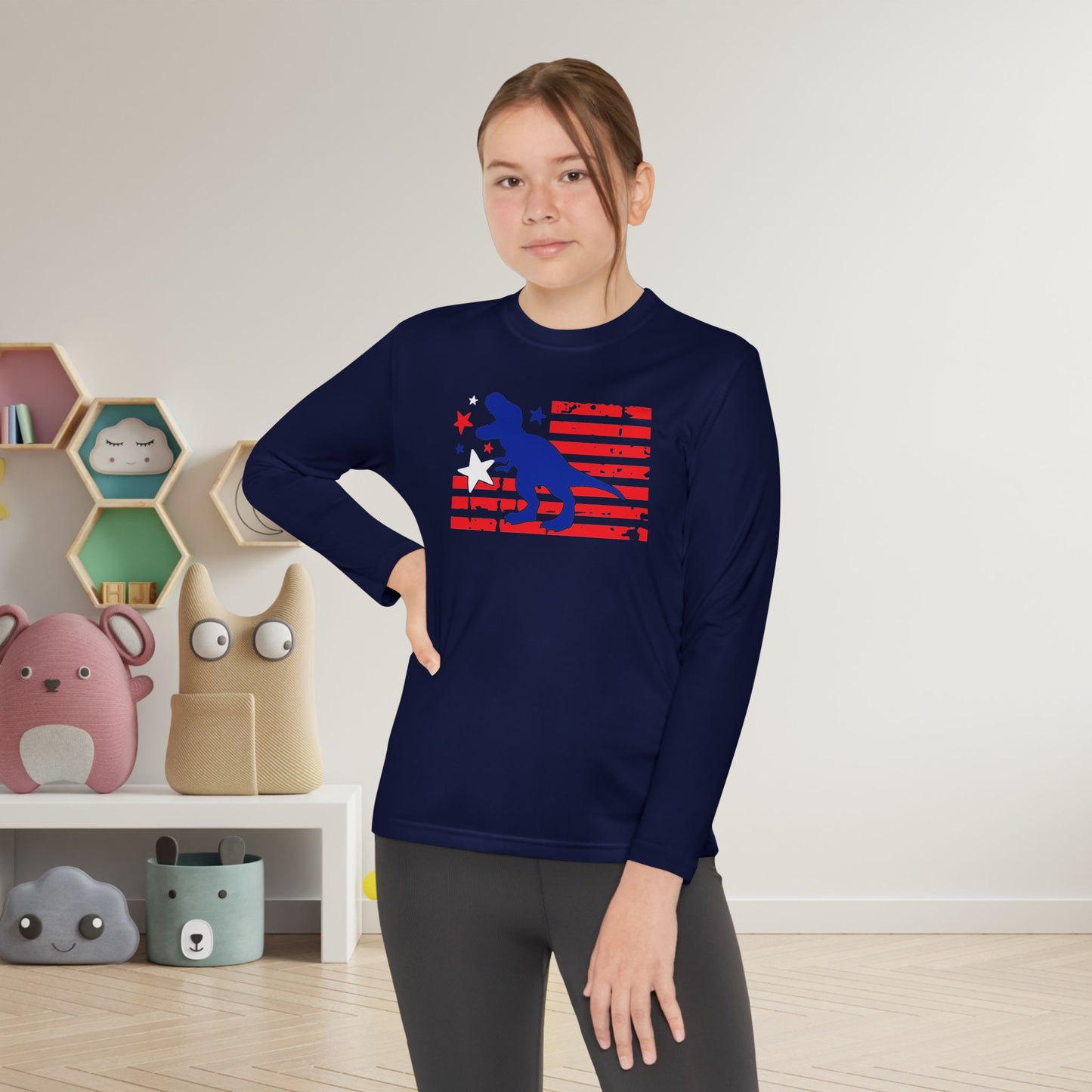 Distressed Patriotic T-Rex Youth Long Sleeve Tee