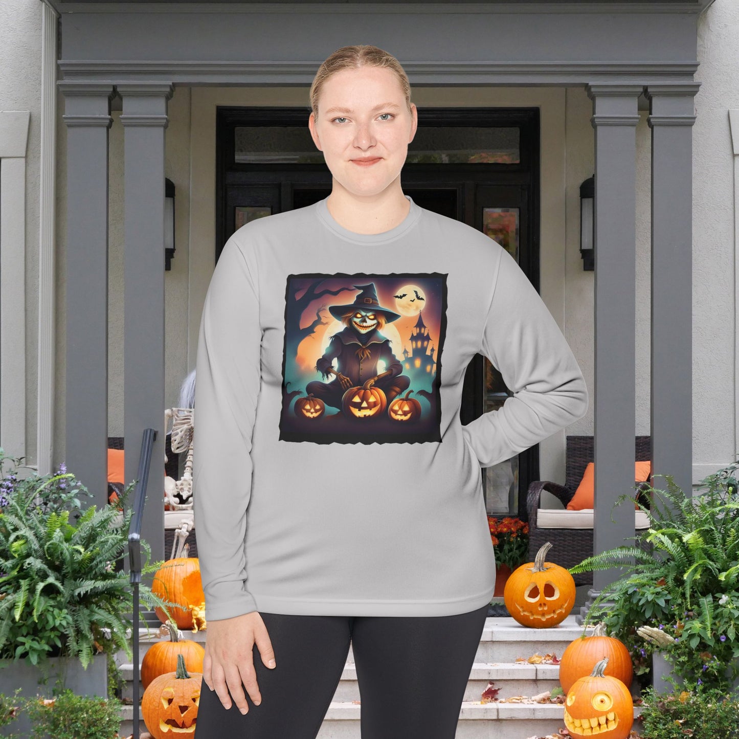 Halloween Scarecrow w/Pumpkins Adult Long Sleeve Tee
