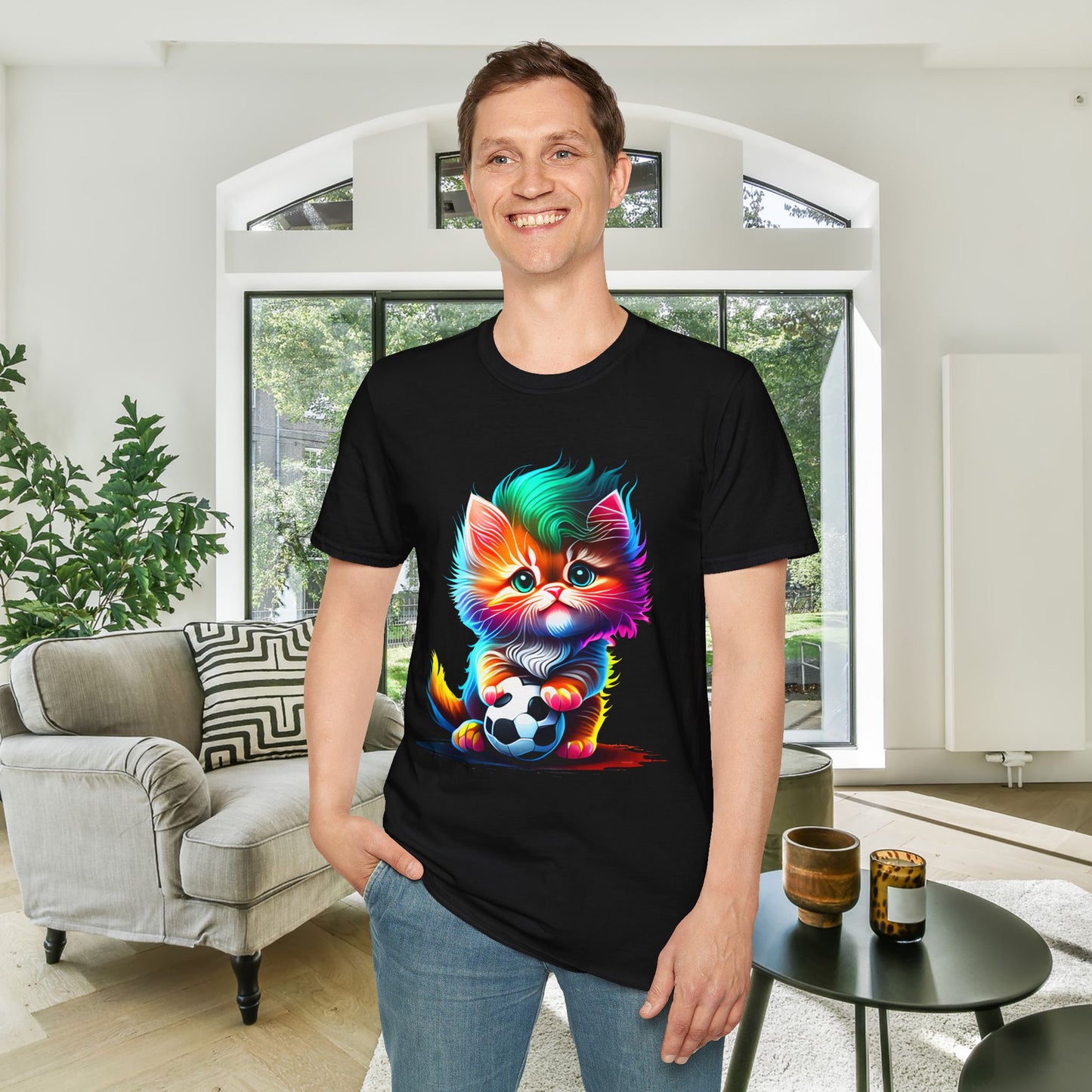 Cute Colorful Kitten w/Soccer Ball Adult T-shirt