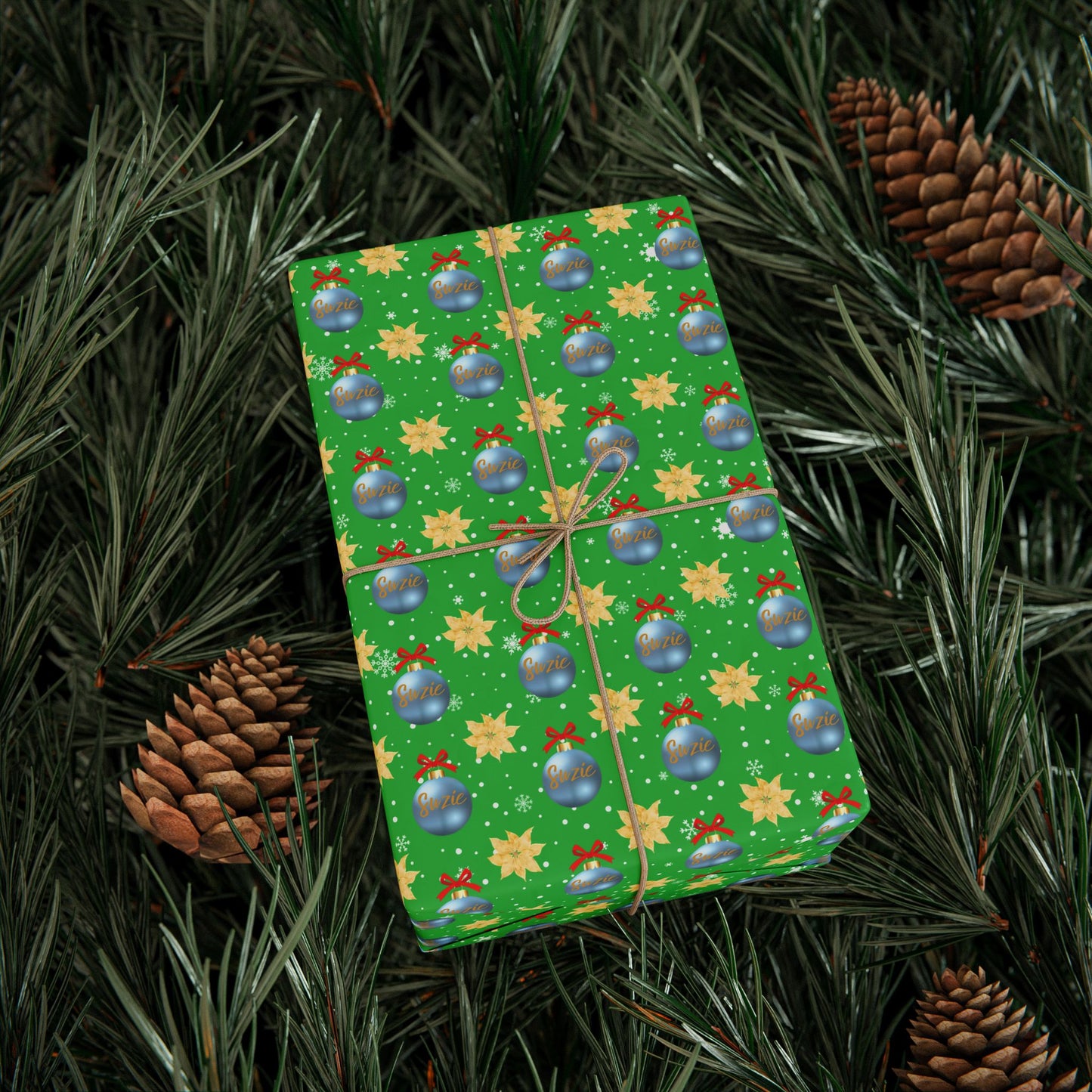 Blue Ornament Green Paper Custom Wrapping Paper (Suzie)