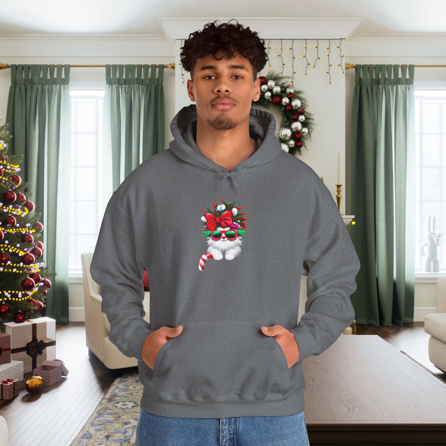 White Candy Cane Kitten Adult Heavy Blend™ Hoodie