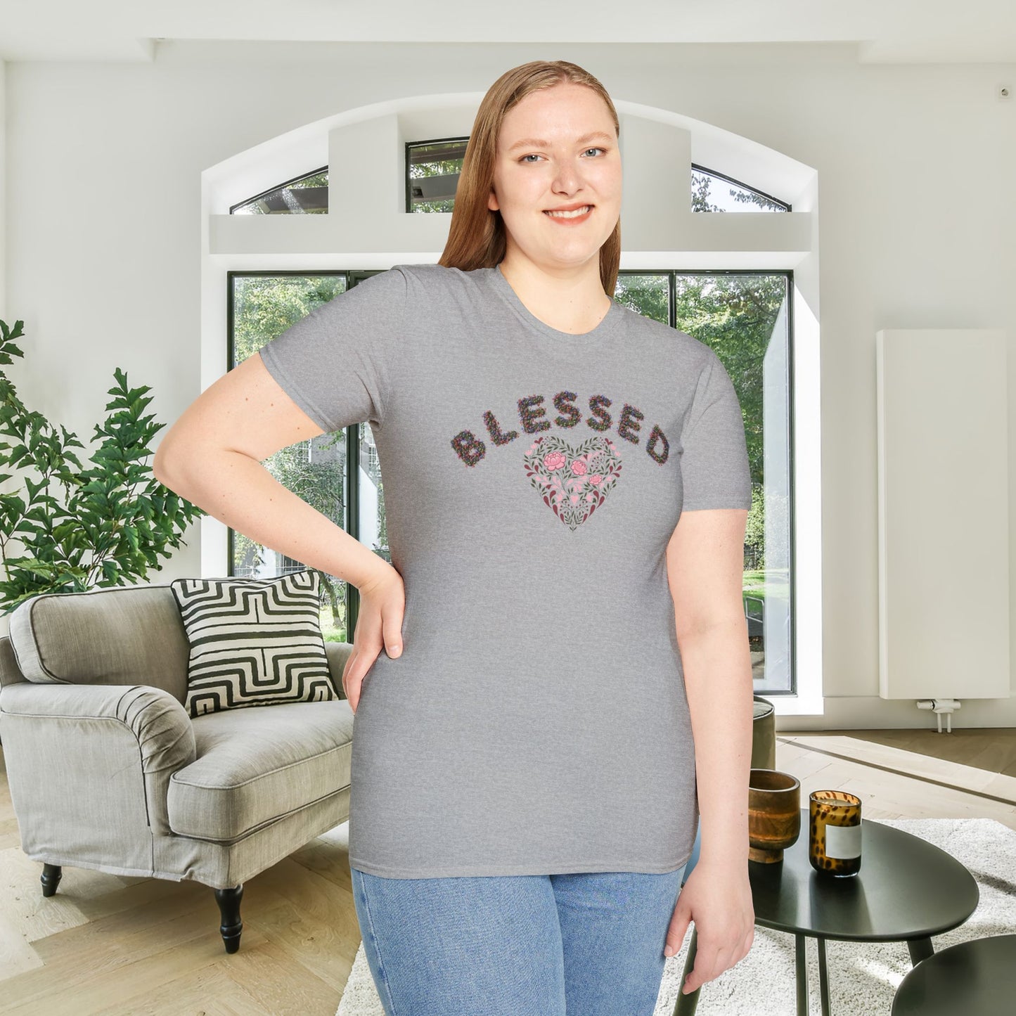 Blessed w/Heart (Floral) Adult T-shirt