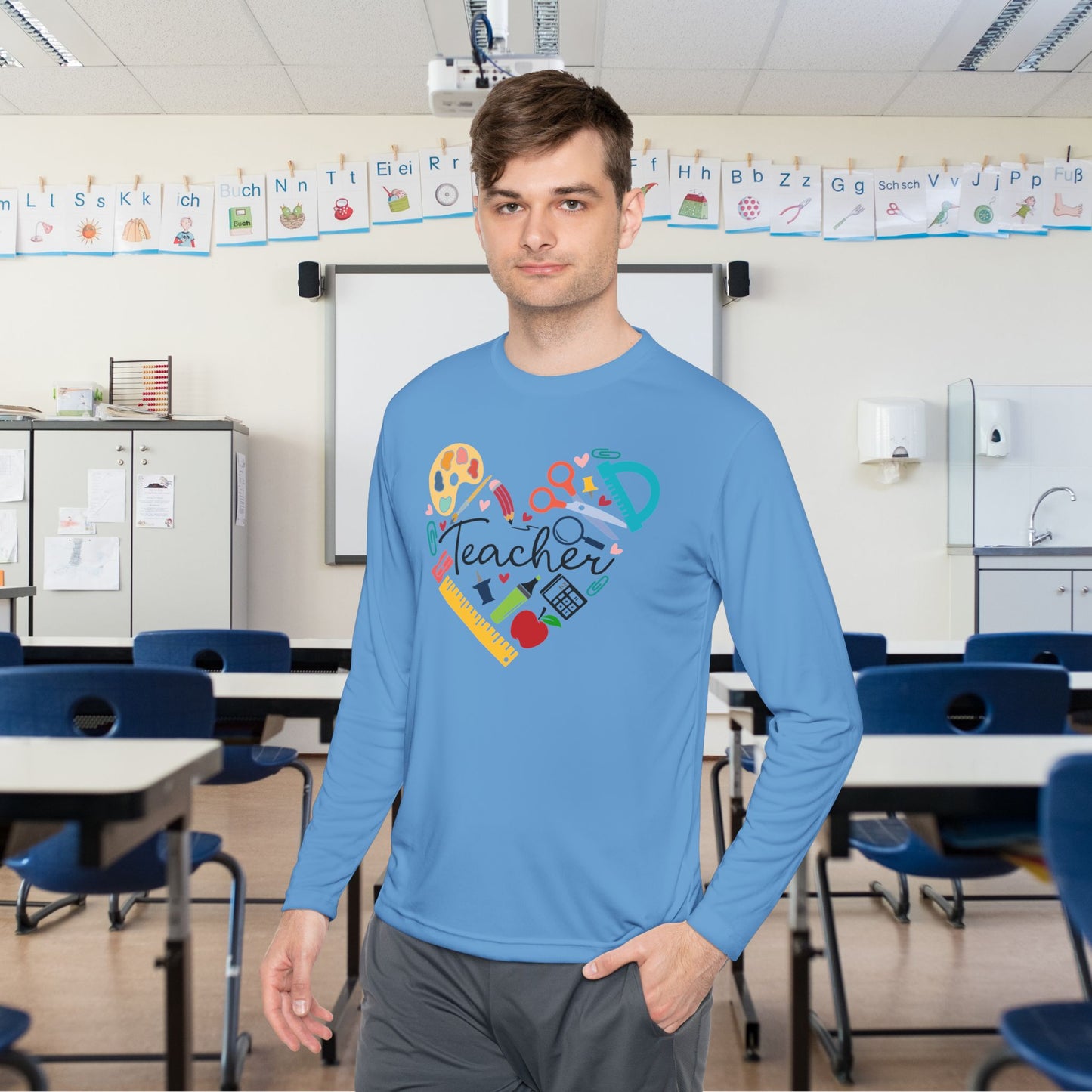 Teacher Supply Heart Adult Long Sleeve Tee
