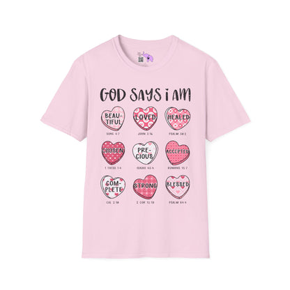 God Says I Am... (Conversation Hearts) Adult T-shirt