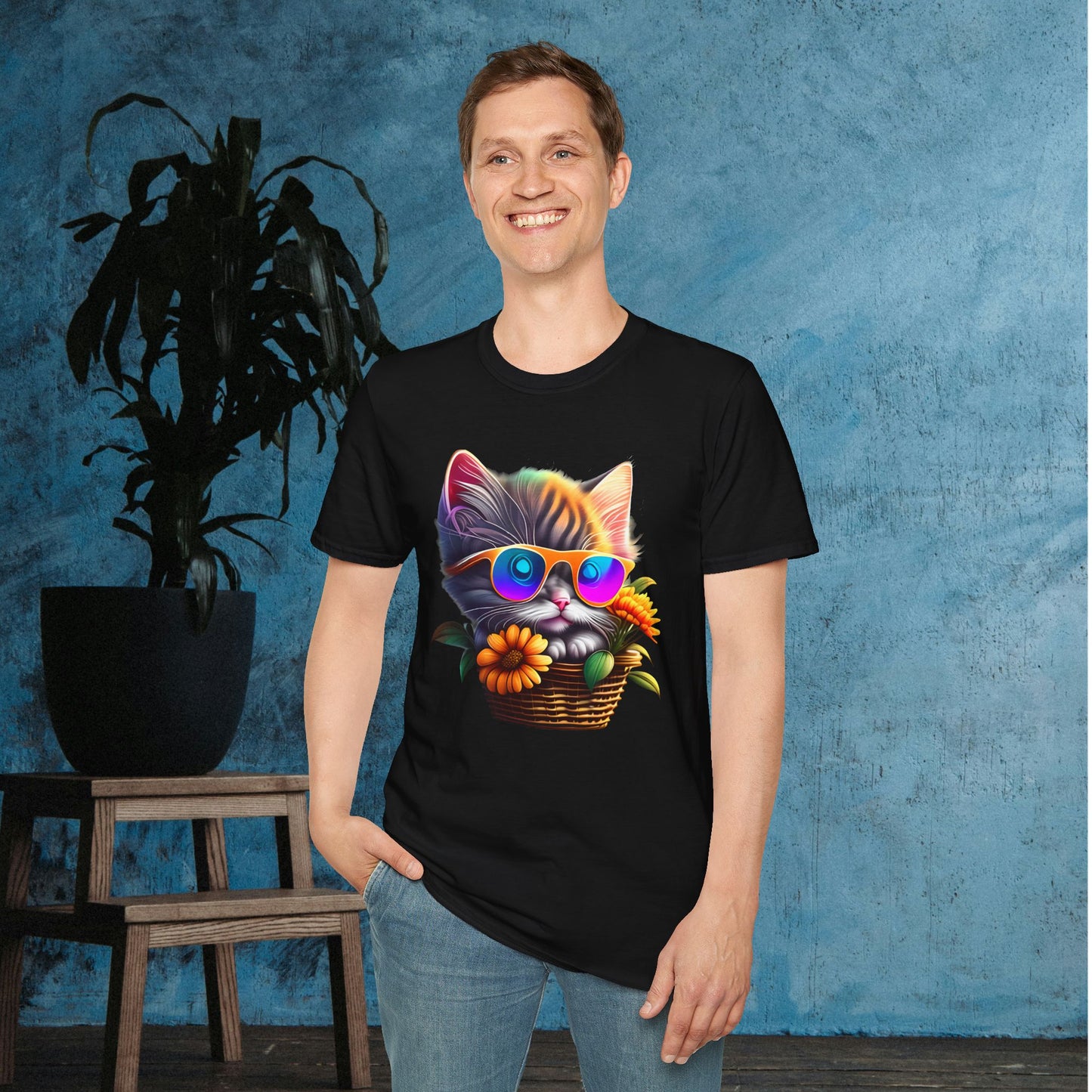 Cool Colorful Kitten in Flowers Adult T-shirt