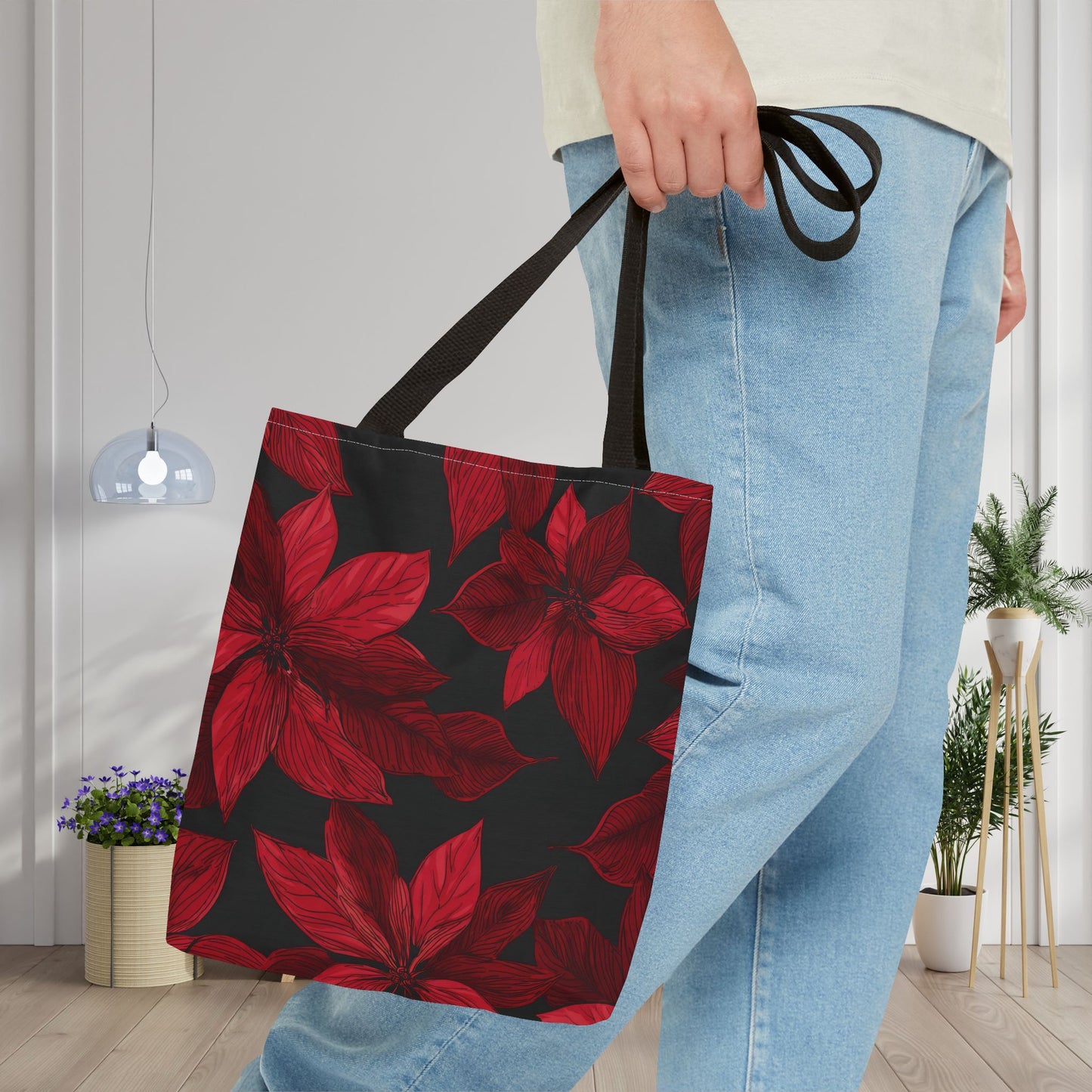 Midnight Poinsettia Garden Canvas Tote Bag