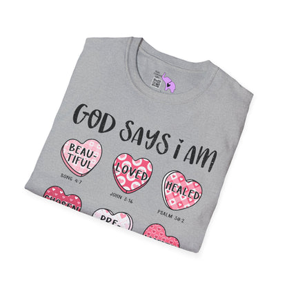 God Says I Am... (Conversation Hearts) Adult T-shirt