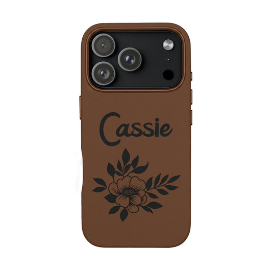 Personalized Name & Floral Elegance Engraved Leather Phone Case
