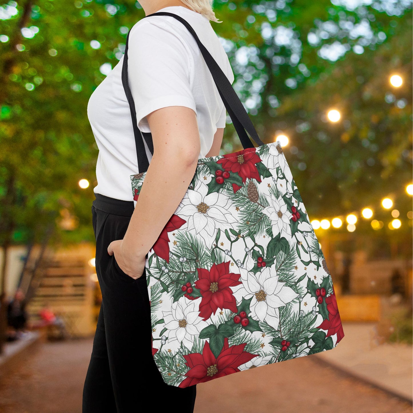 Winter Poinsettia Garden Canvas Tote Bag