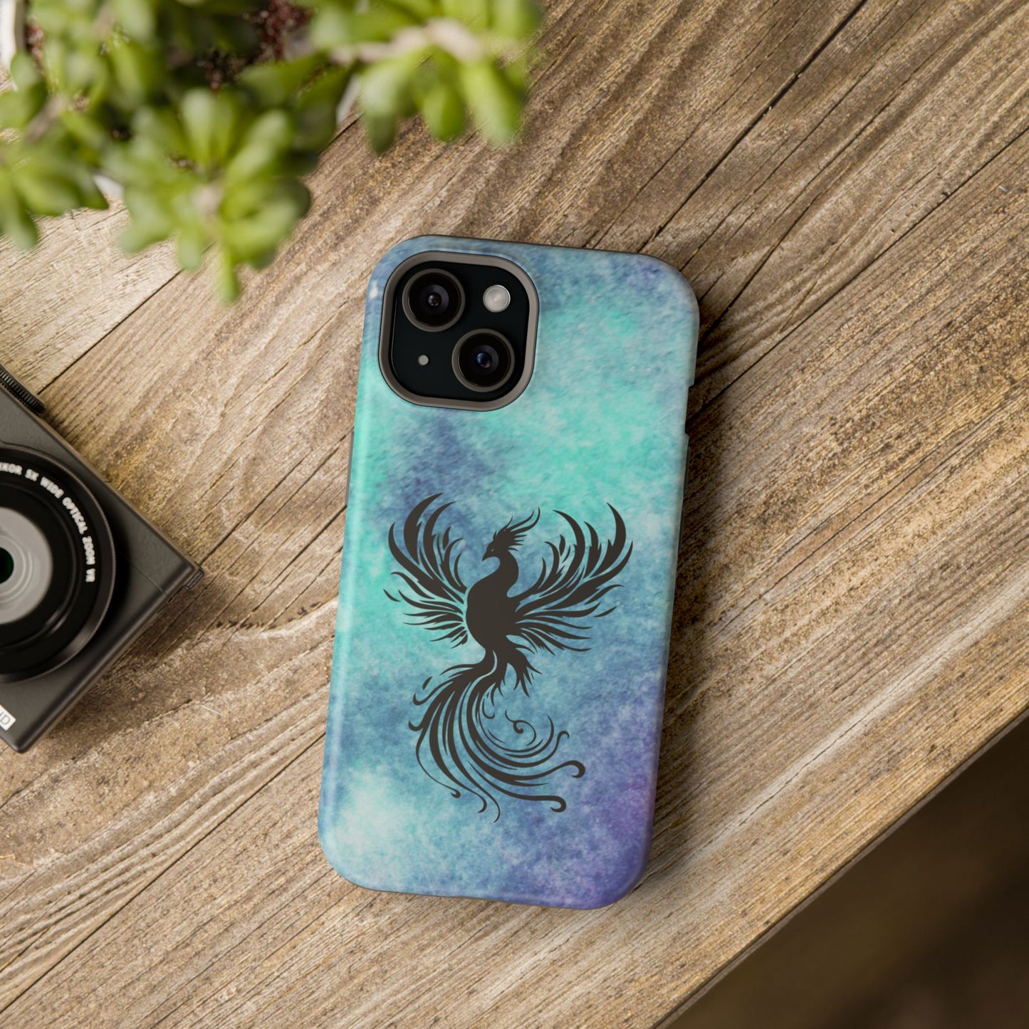 Phoenix Silhouette Over Teal Nebula MagSafe® Compatible Tough Case for iPhone