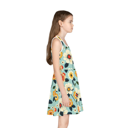Vivid Flowers on Teal Print Girls' Sleeveless Sundress - Perfect for Summer Parties & Playdates