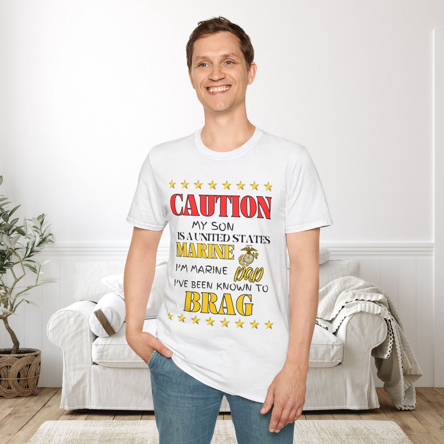 Caution My Son is a US Marine I've Been Known to Brag (Dad) Adult Softstyle T-Shirt