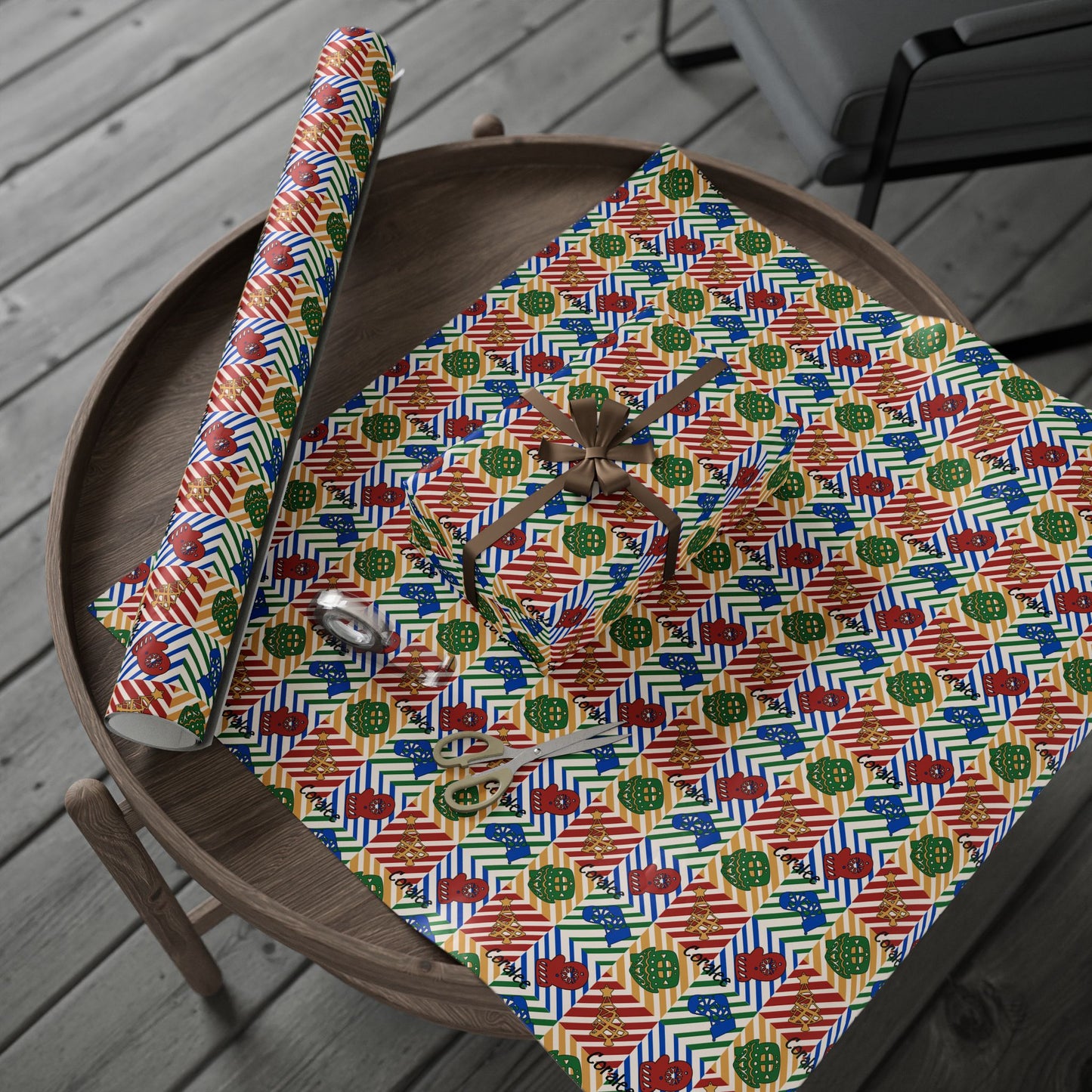 Red, Green & Gold Christmas Custom Name Wrapping Paper (Coralee)
