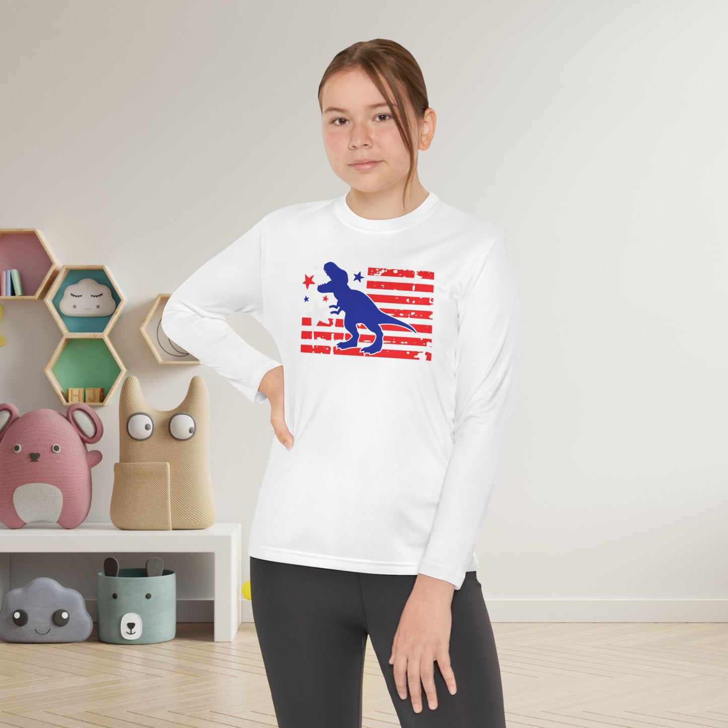 Distressed Patriotic T-Rex Youth Long Sleeve Tee