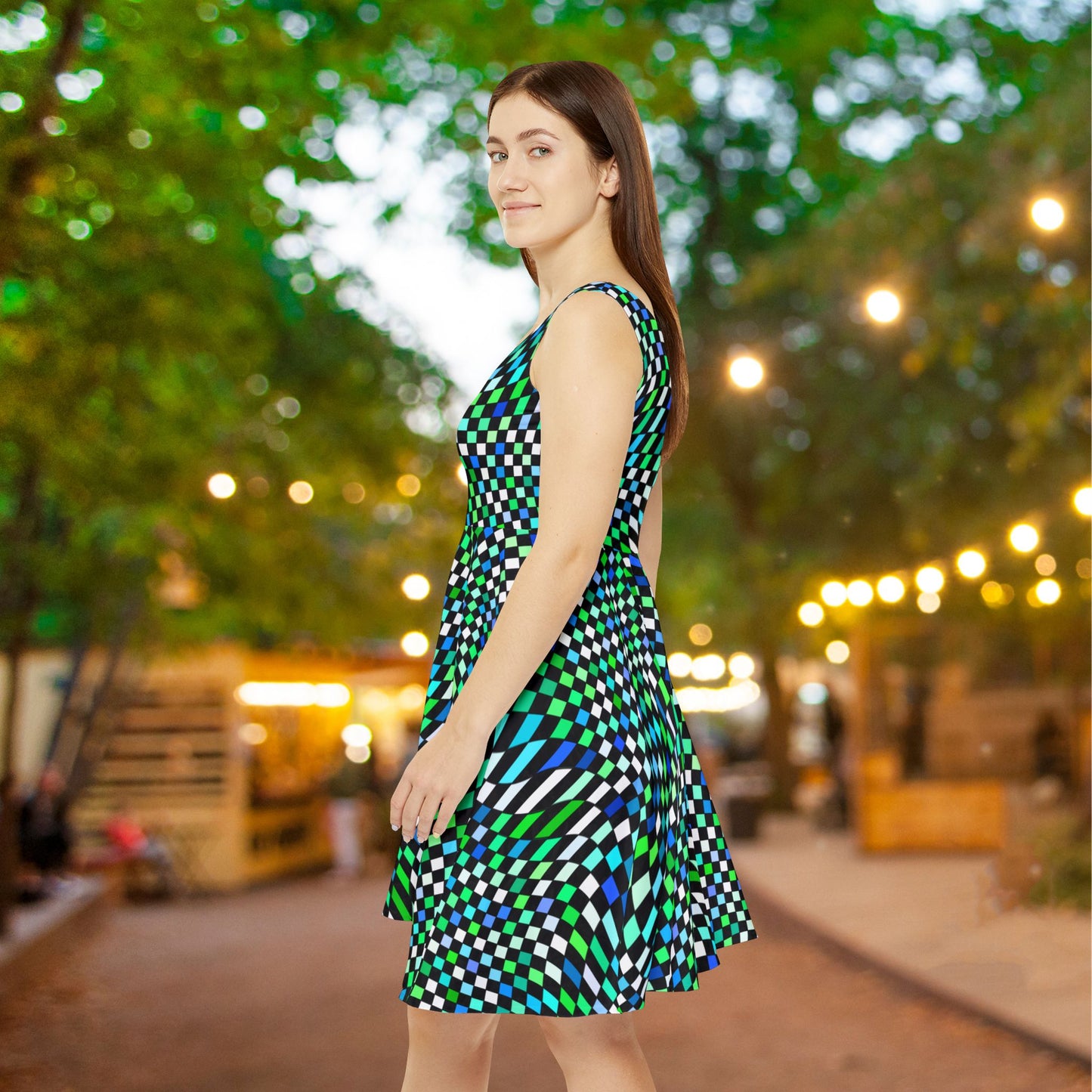 Warped Green Checkered Women's Skater Dress