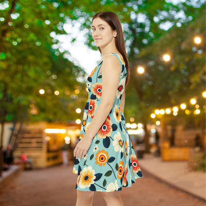 Vivid Flower on Teal Women's Skater Dress - Fun Spring Floral Dress for Every Occasion