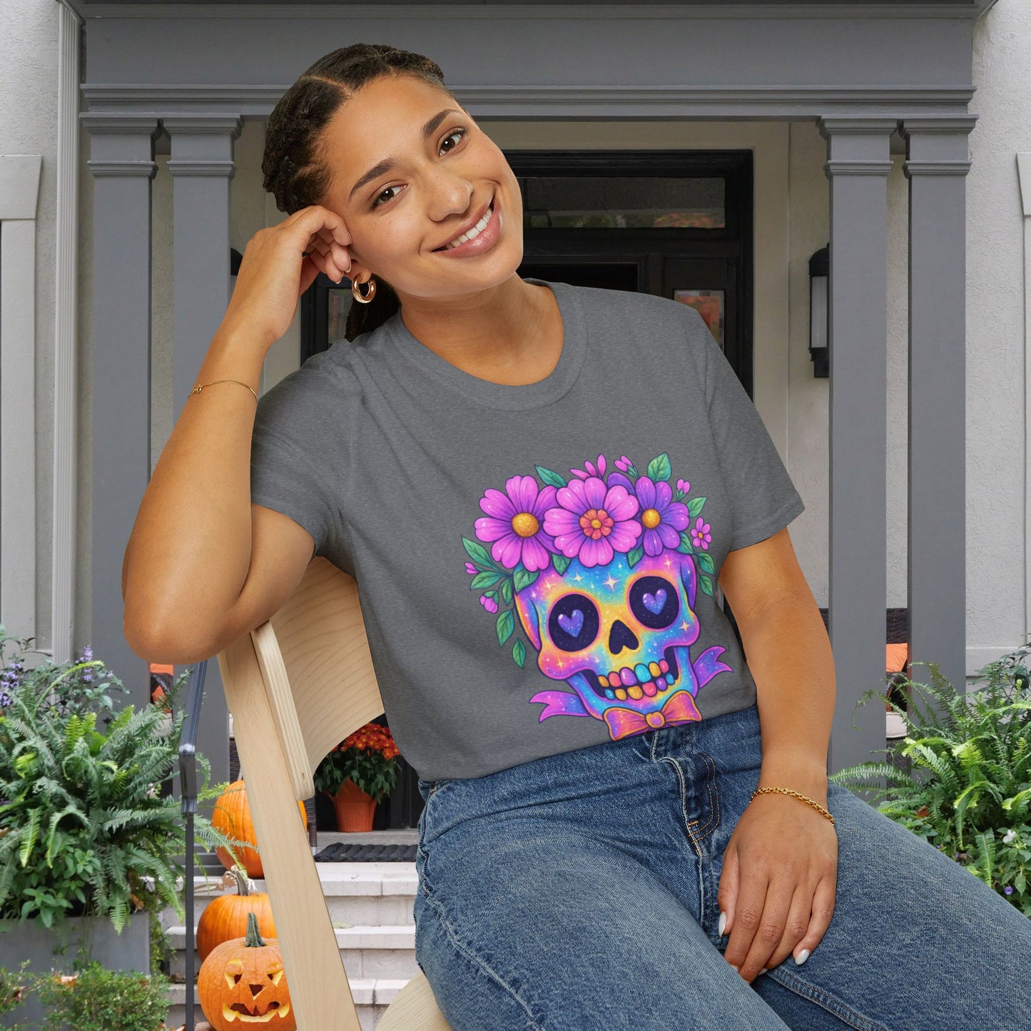 Neon Sugar Skull w/Floral Crown Adult T-shirt