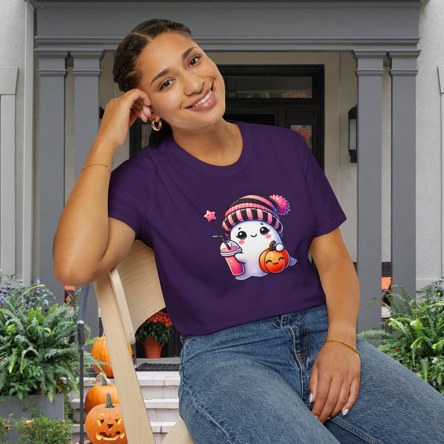 Cute Ghost w/Pumpkin and Pink Drink Adult T-shirt