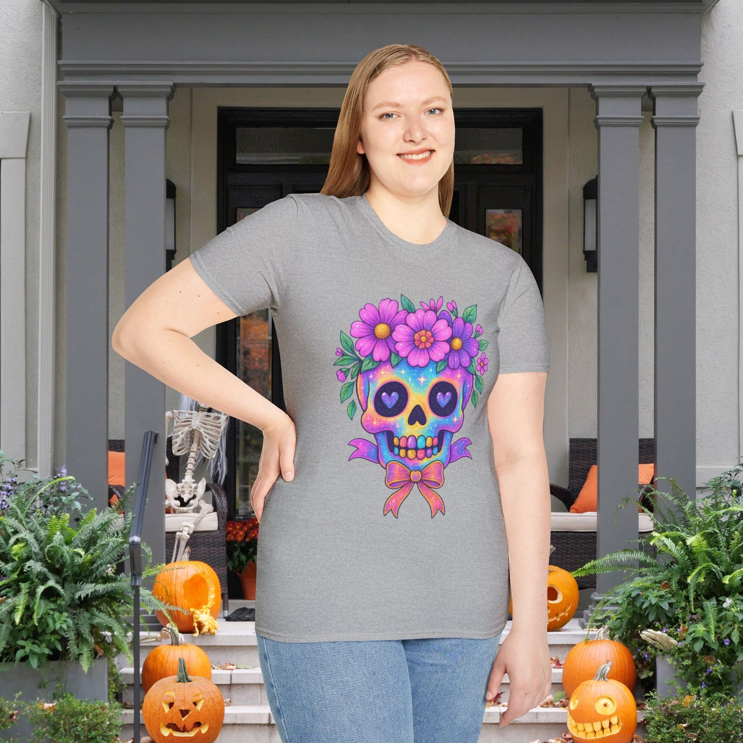 Neon Sugar Skull w/Floral Crown Adult T-shirt