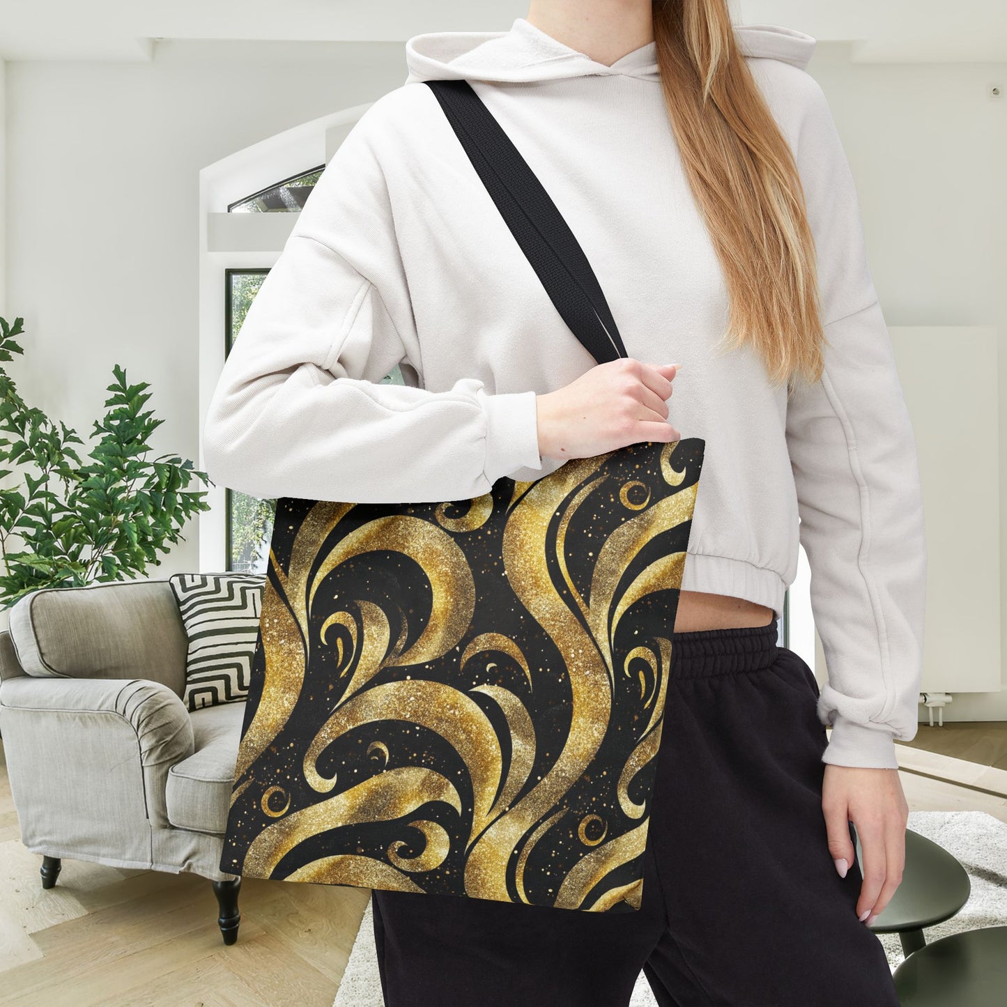 Black & Gold Luxe Swirl Canvas Tote Bag