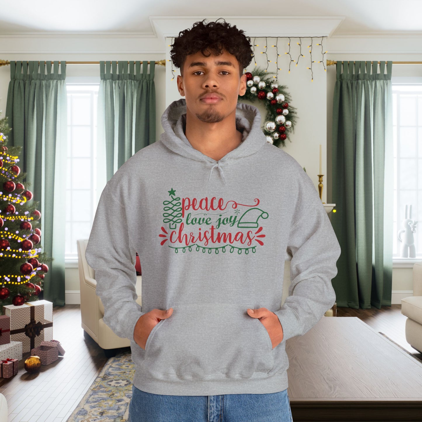 Peace Love & Joy Christmas Adult Heavy Blend™ Hooded Sweatshirt
