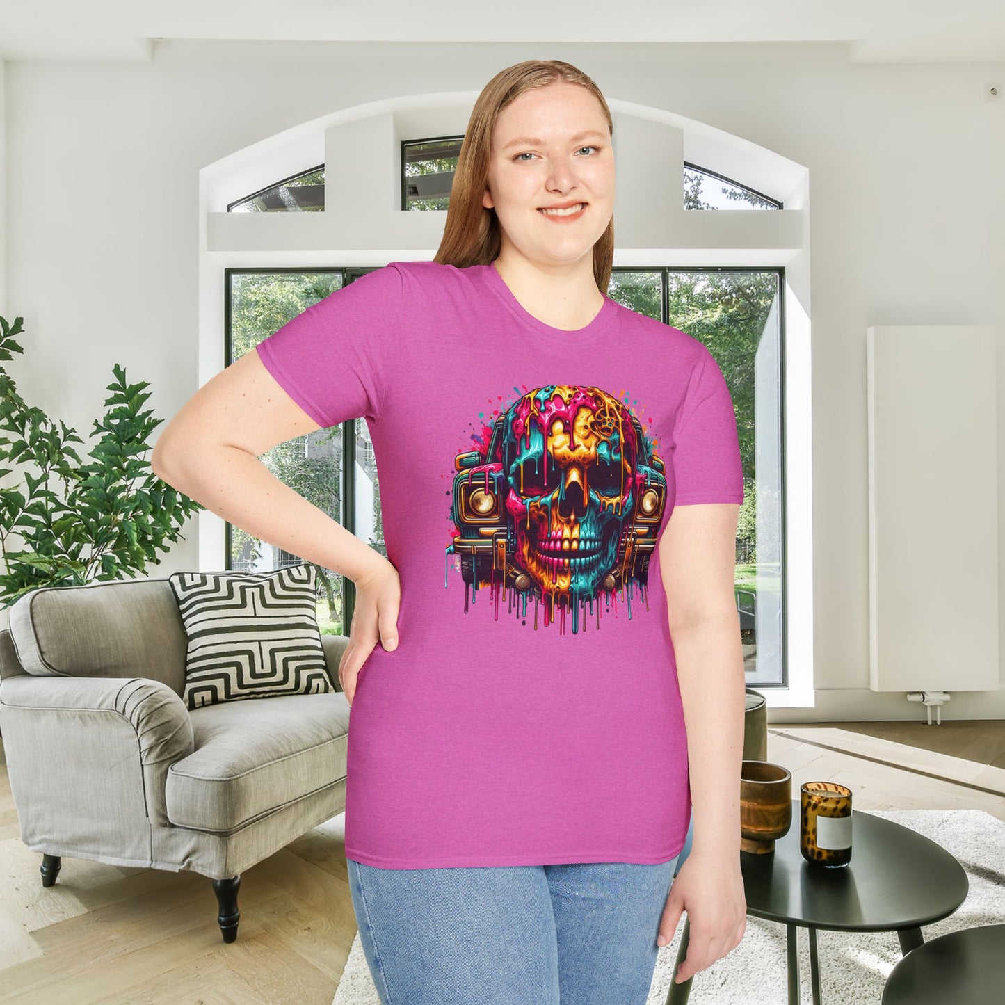 Colorful Skull & Car Adult T-shirt