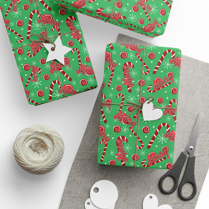 Red & Green Candy Canes Custom Name Wrapping Paper (Mary)