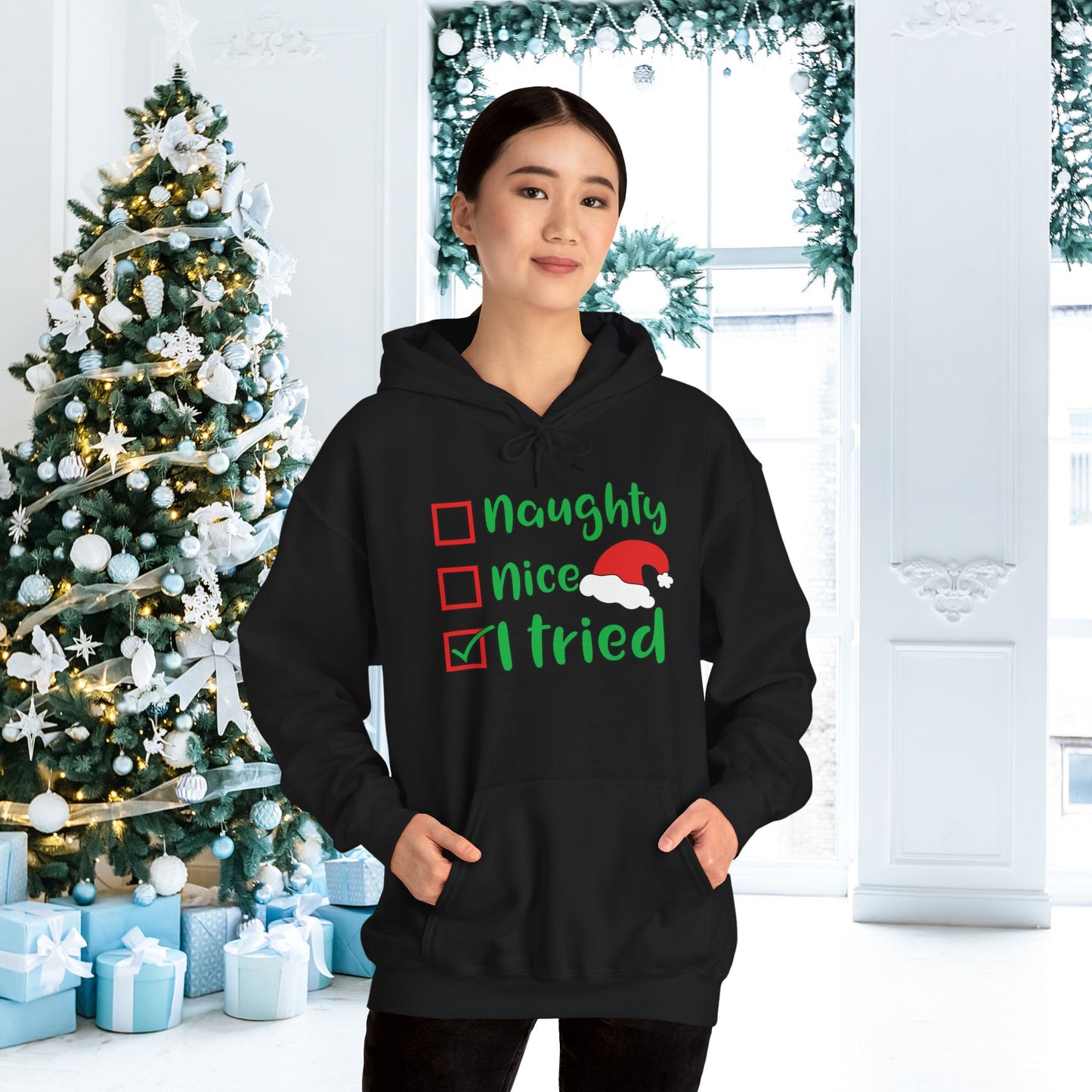 Naughty; Nice; I Tried Adult Heavy Blend™ Hooded Sweatshirt