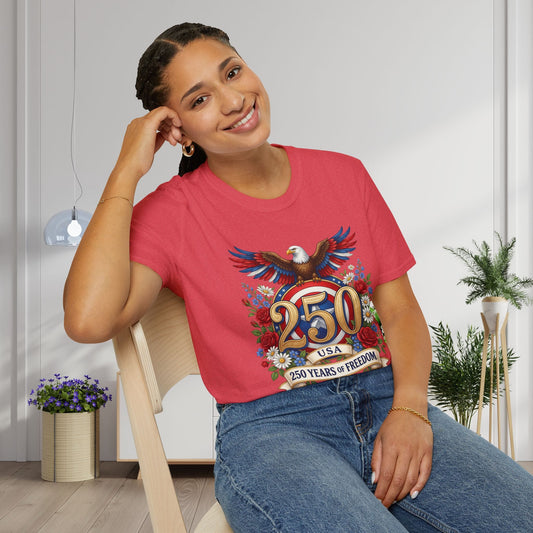 Bald Eagle & Flowers 250 Years of Freedom 1776-2026 Anniversary Adult T-shirt
