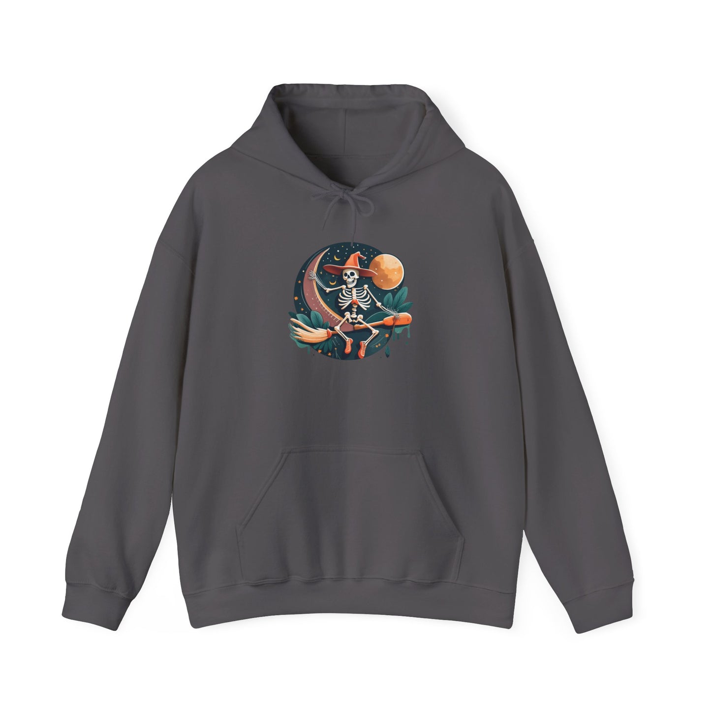 Skeleton Over Moon on Broomstick Heavy Blend™ Hooded Sweatshirt