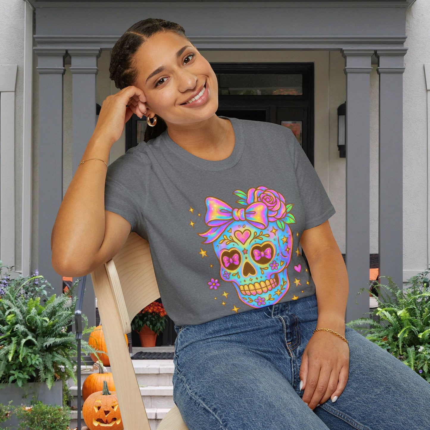 Neon Sugar Skull Adult T-shirt