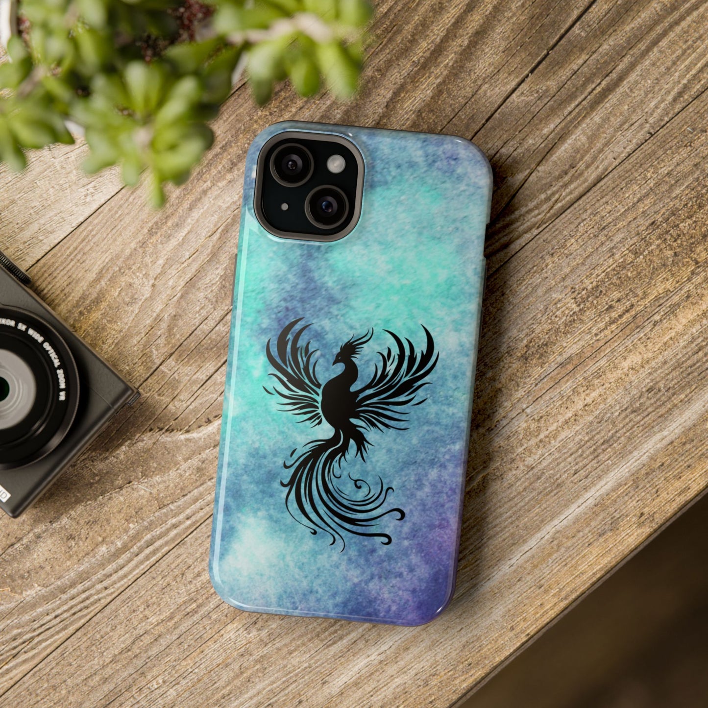 Phoenix Silhouette Over Teal Nebula MagSafe® Compatible Tough Case for iPhone