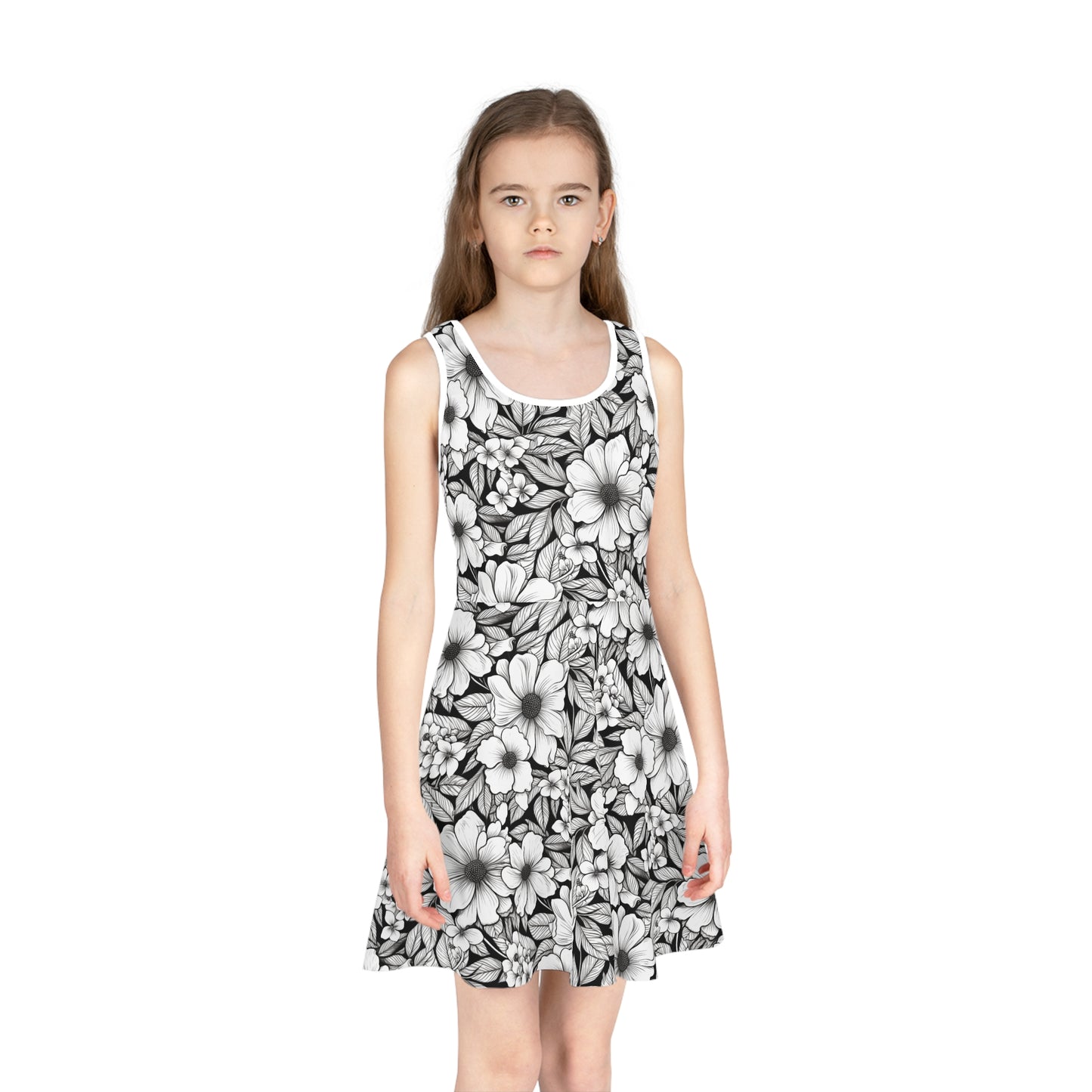 Black & White Forget-Me-Nots Girls' Sleeveless Sundress