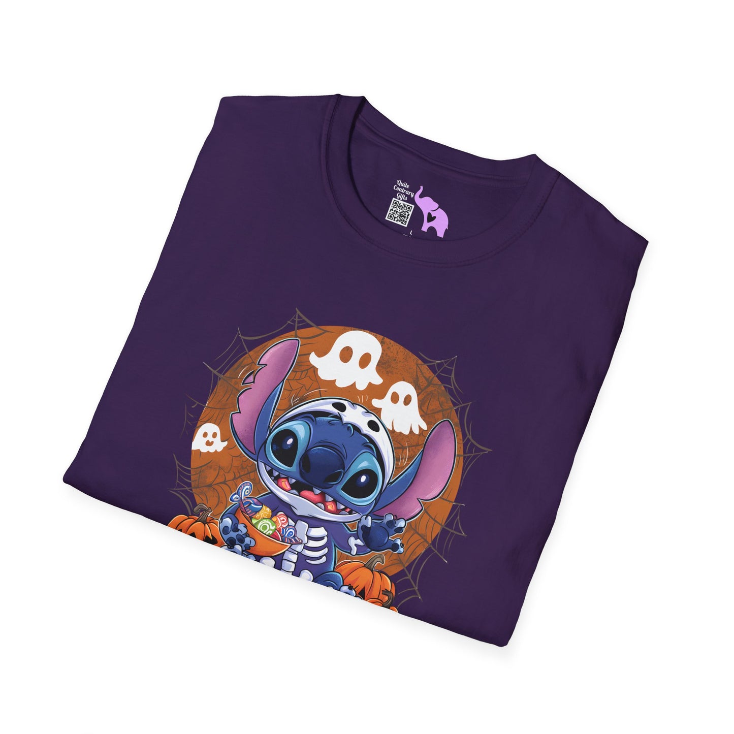 Halloween Skeleton Stitch w/Ghosts & Pumpkins Adult T-shirt