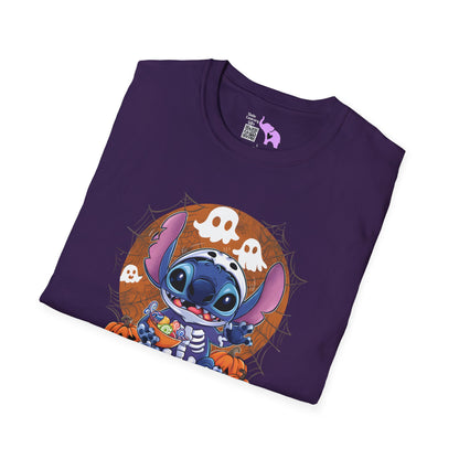 Halloween Skeleton Stitch w/Ghosts & Pumpkins Adult T-shirt