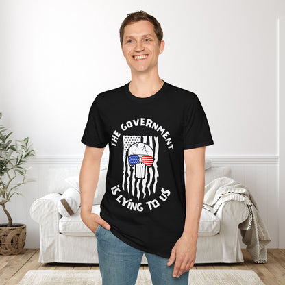 The Government is Lying To Us Skull w/Glasses Over Flag Adult T-shirt