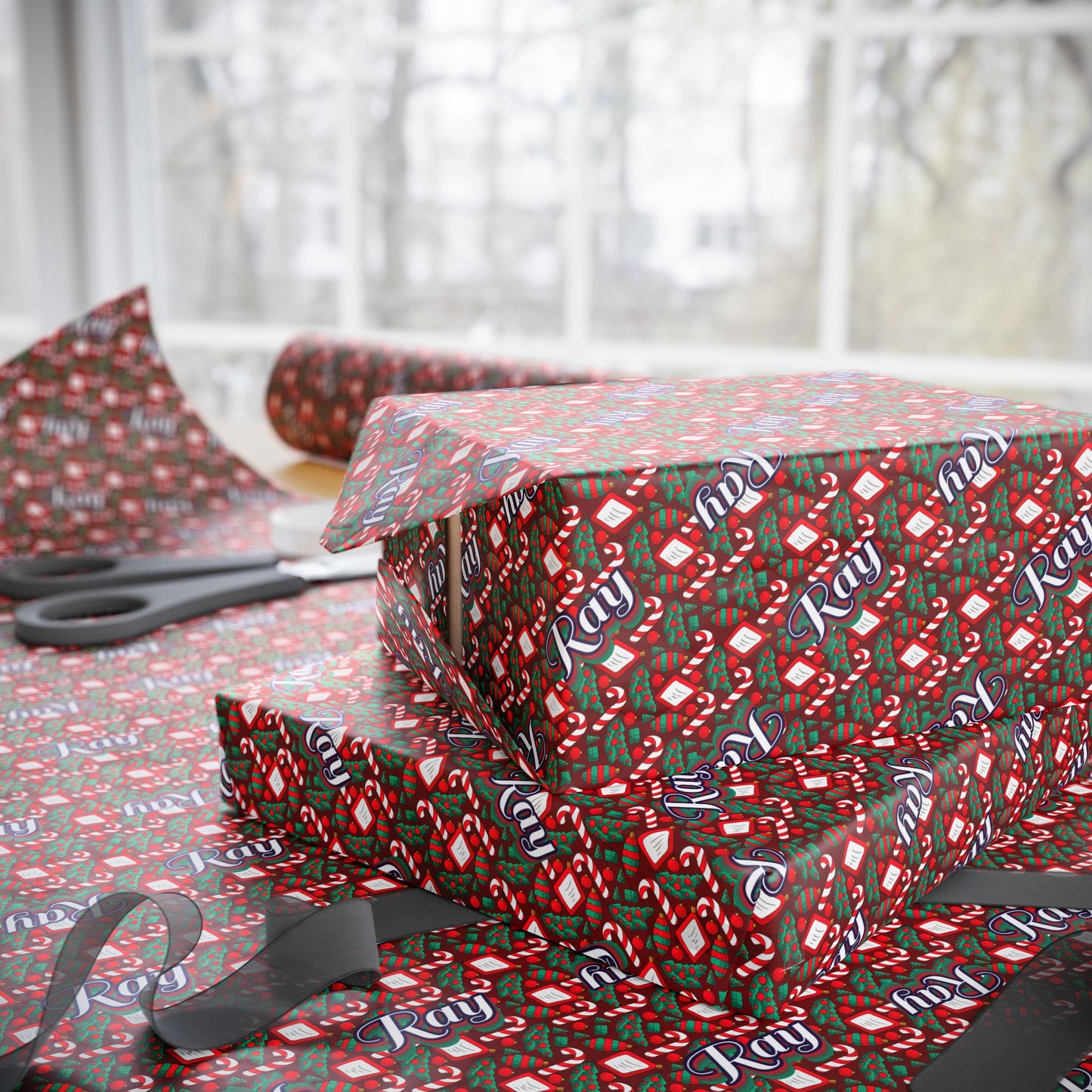 Busy Candy Cane/Christmas Tree Custom Name Wrapping Paper (Ray)