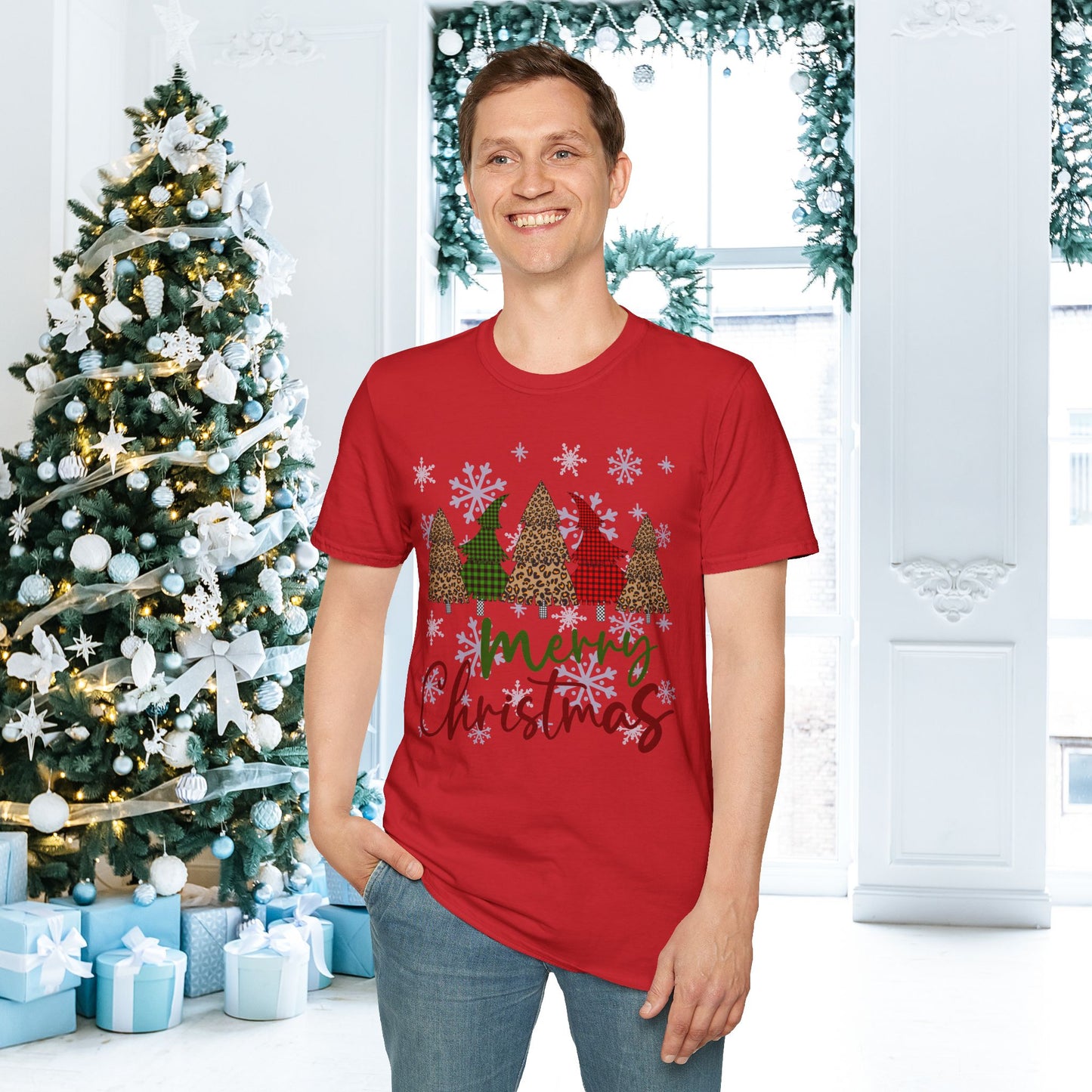 Checkered Print Trees Merry Christmas Adult T-shirt