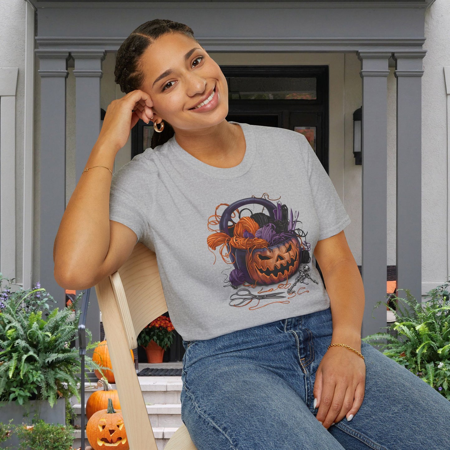 Spooky Pumpkin Yarn Basket Adult T-shirt