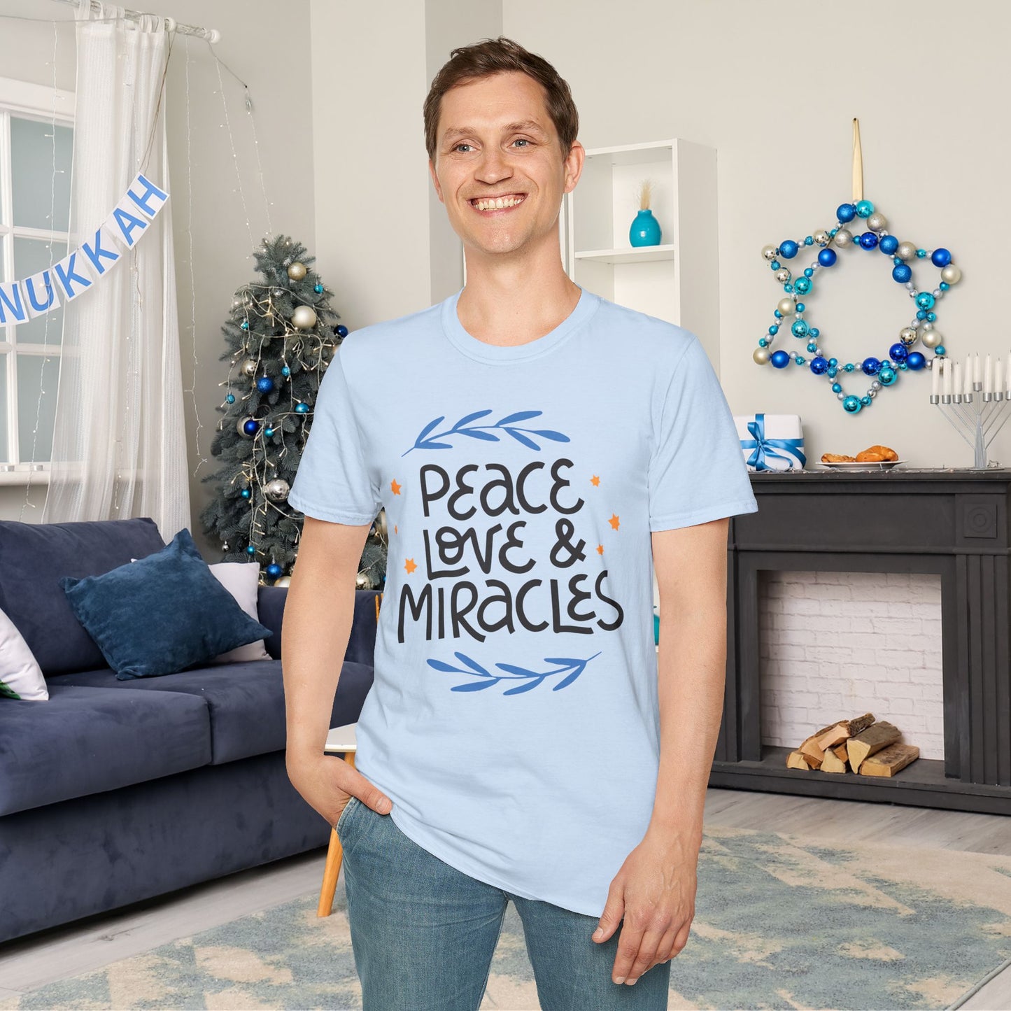 Hanukkah Peace Love & Miracles 2 Adult T-shirt