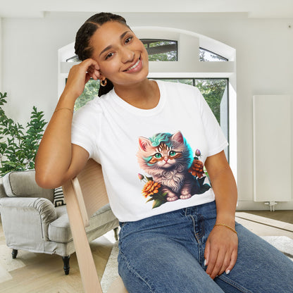 Cute Colorful Kitten in Flowers 3 Adult T-shirt