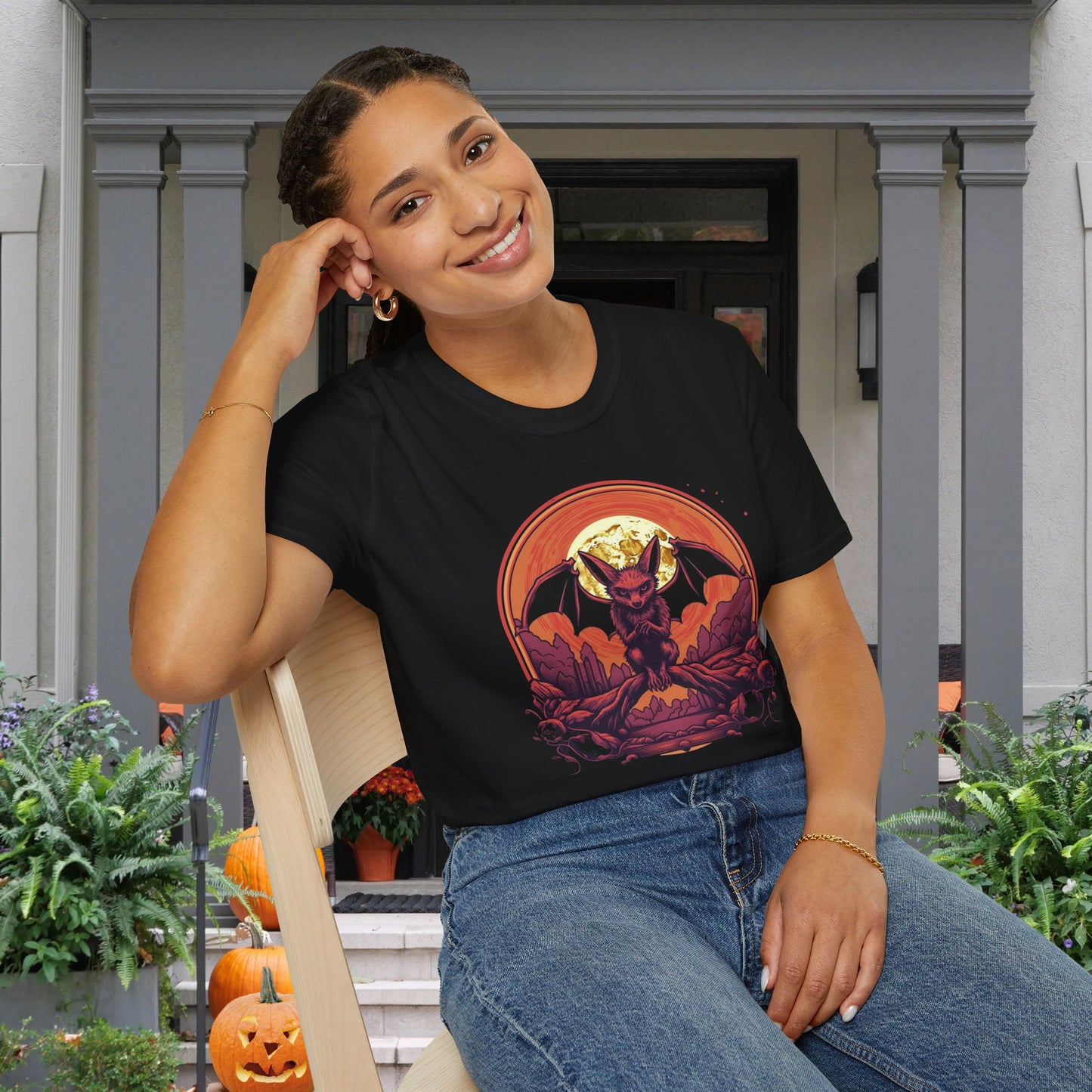 Creepy Bats Over Moon 9 Adult T-shirt