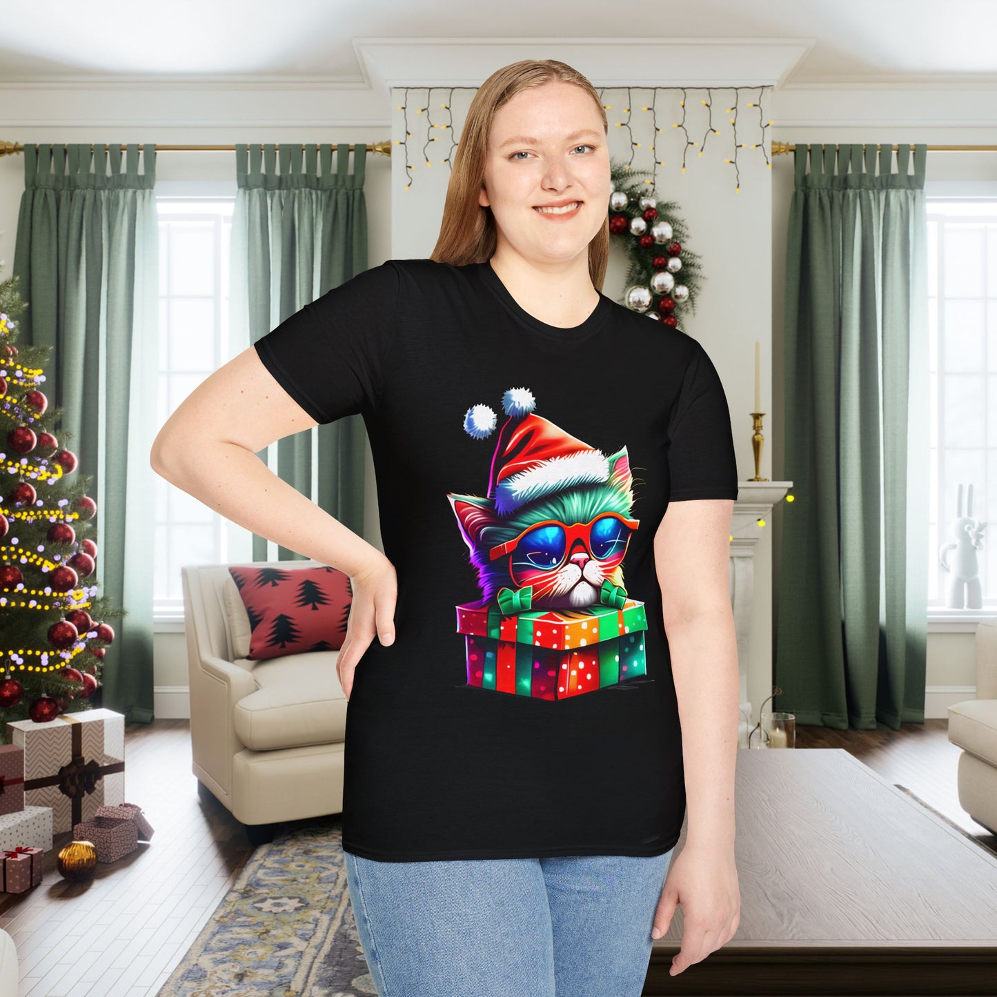 Christmas Kitten w/Gift Adult T-shirt