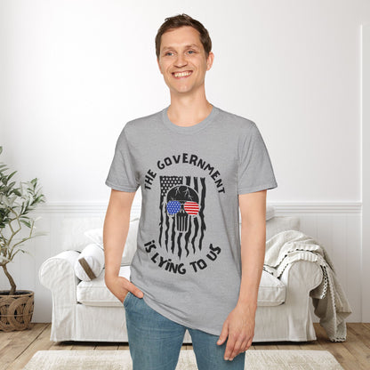 The Government is Lying To Us Skull w/Glasses Over Flag Adult T-shirt