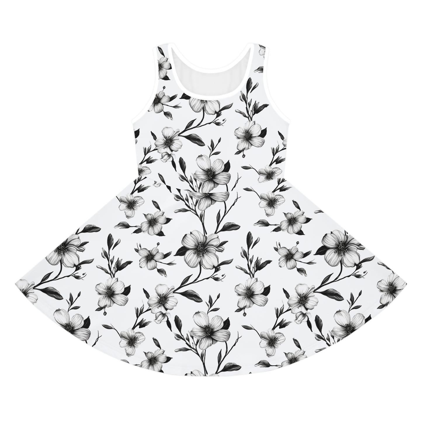 Black & White Five Petal Floral Girls' Sleeveless Sundress