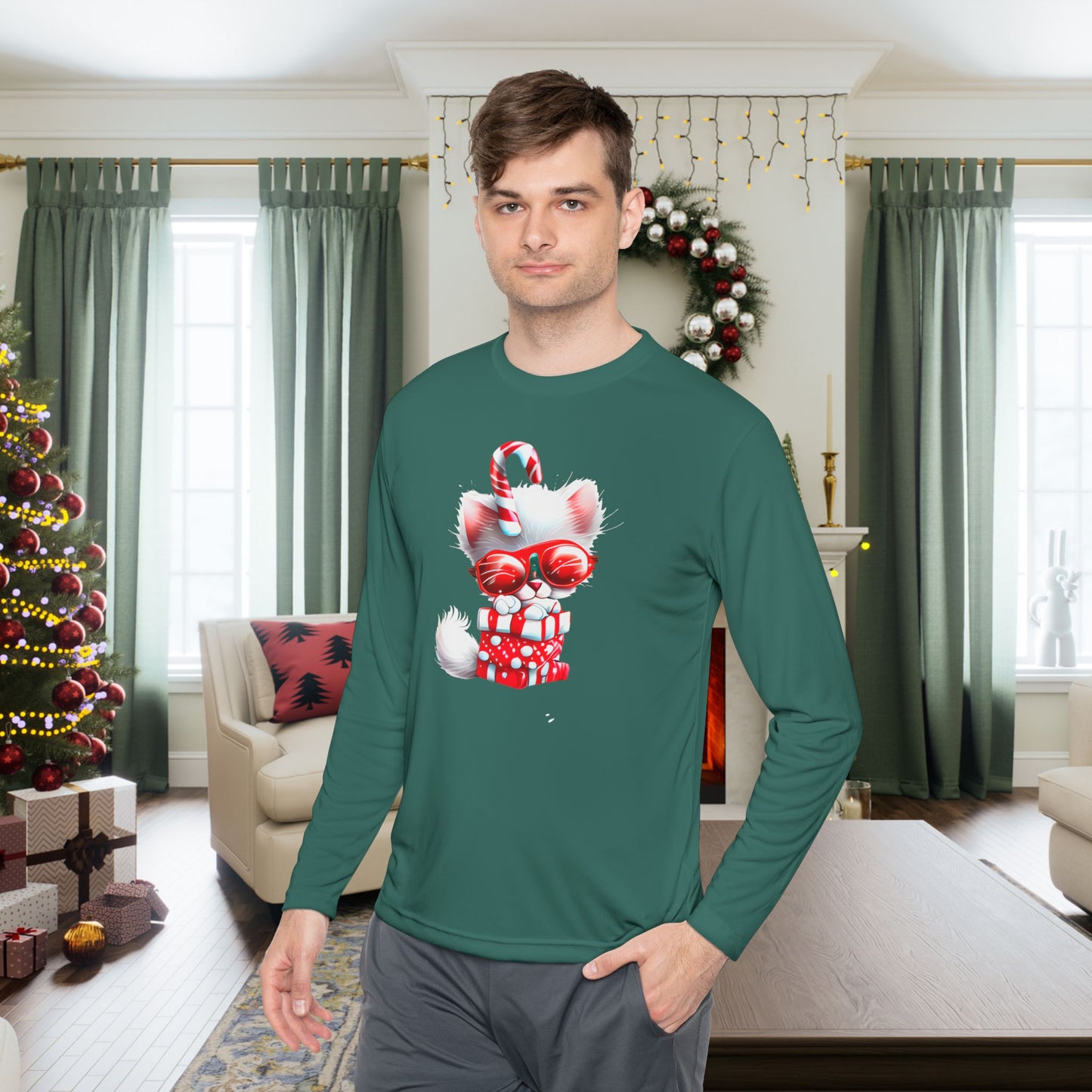 Candy Cane Kitten Adult Long Sleeve Tee